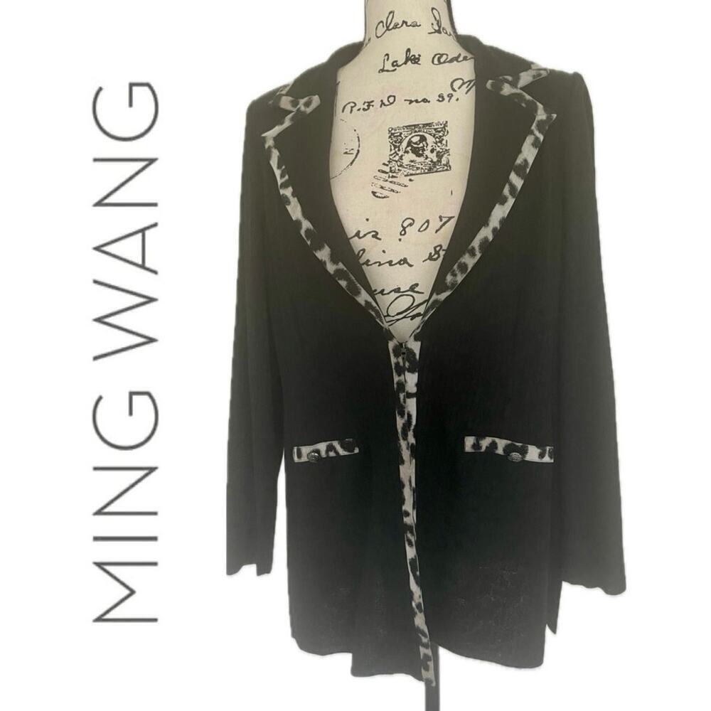 MING WANG BLAZER KNIT TAILORED BLACK LEOPARD TRIM SZ‎ M SHOULDER PADS BADDIECORE